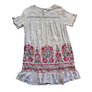 Umgee‎ USA Womens Blue Grey Embroidered Boho Ruffle Tunic Dress Size M G1713